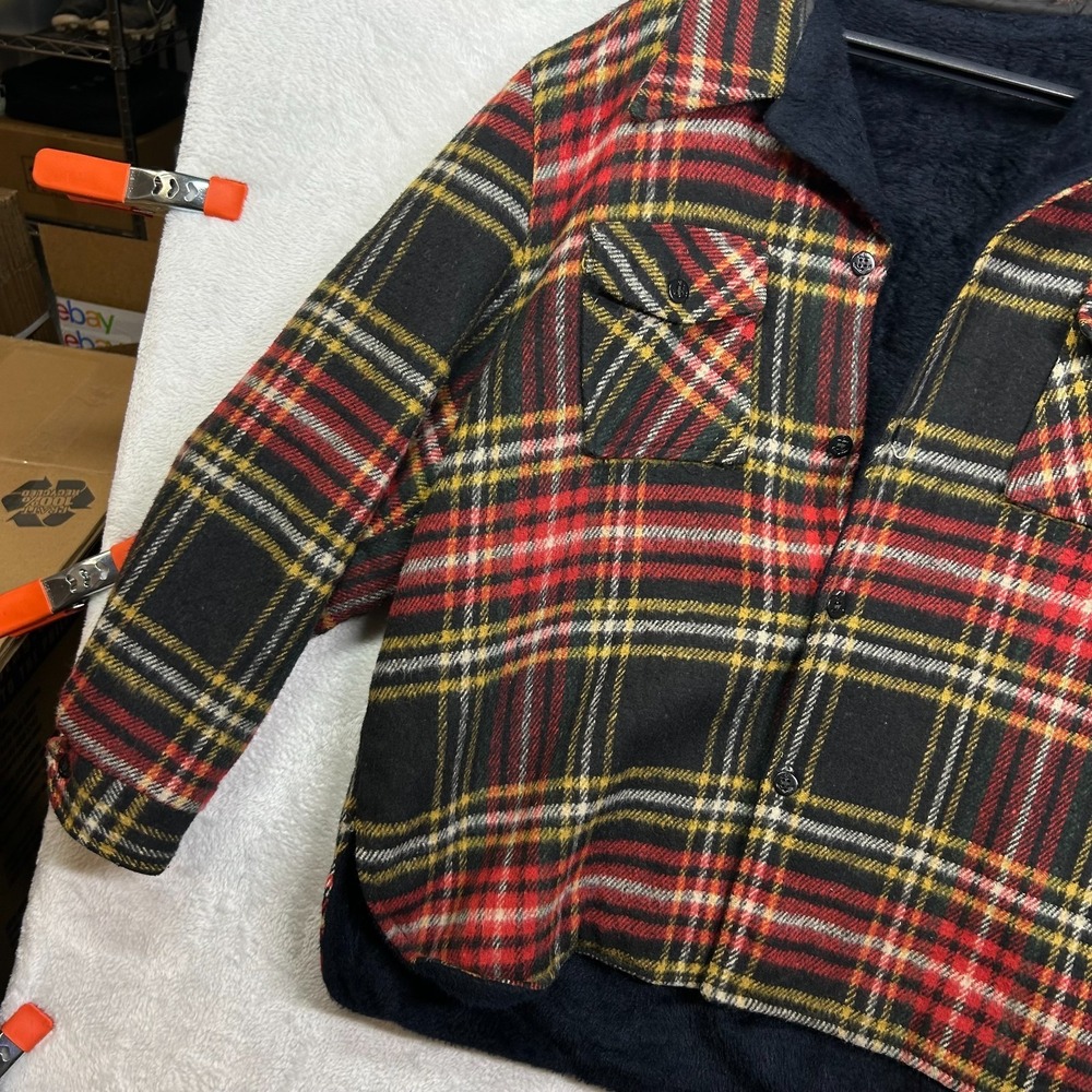 Vintage Men's Shirt Jacket Red Black Plaid Fleece Lined Anchor Button Outdoor - Picture 6 of 11